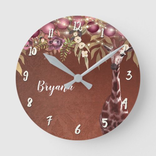 Floral Giraffe Rustic Brown Chic Personalized Round Clock