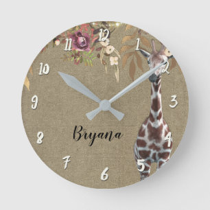 Floral Giraffe Rustic Brown Chic Personalized Round Clock