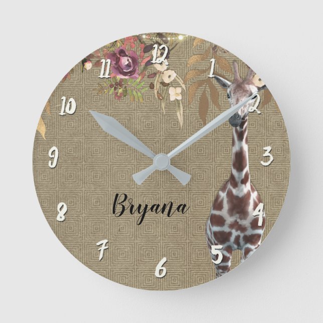 Floral Giraffe Rustic Brown Chic Personalized Round Clock (Front)