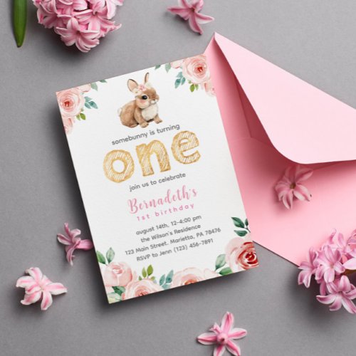 Floral Girl Baby Bunny 1st Birthday Party Invitation