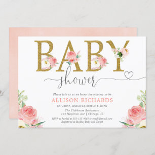 Floral girl baby shower, blush pink gold elegant invitation