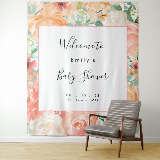 Floral Girl Baby Shower Photo Booth Background Tapestry (In Situ)