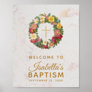 Floral Girl Baptism Gold Cross Rose Wreath Marble Poster