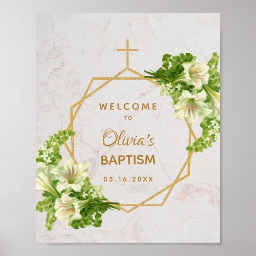 Floral Girl Baptism Gold Marble Lilies Welcome Poster