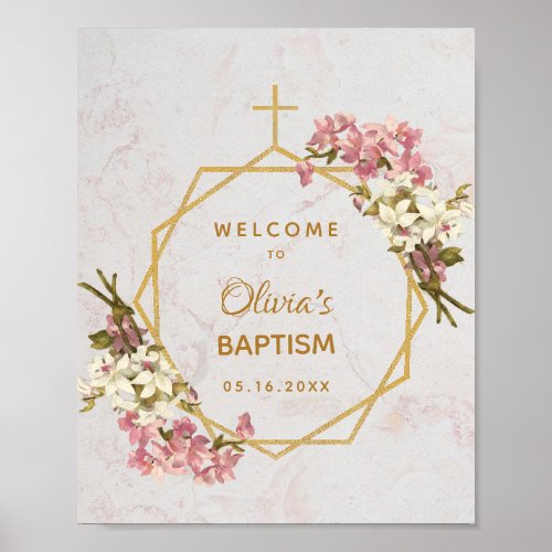 Floral Girl Baptism Gold Marble Orchids Welcome Poster