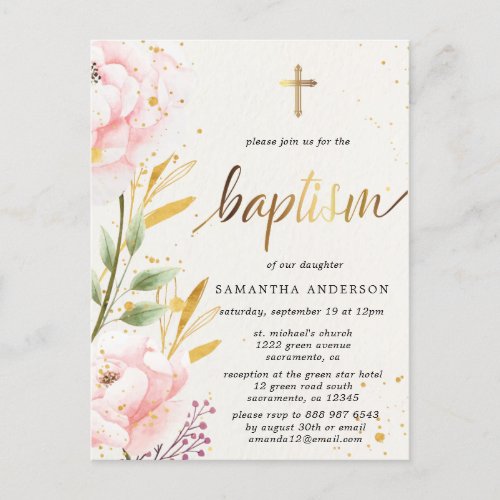 Floral Girl Baptism Invitation Postcard