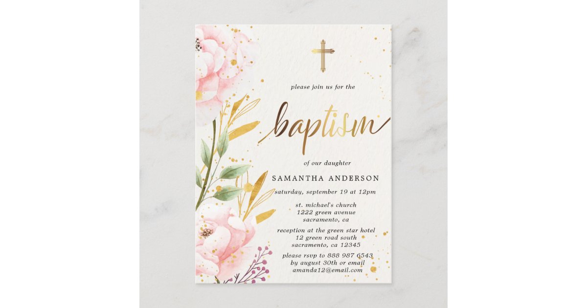 Floral Girl Baptism Invitation Postcard | Zazzle