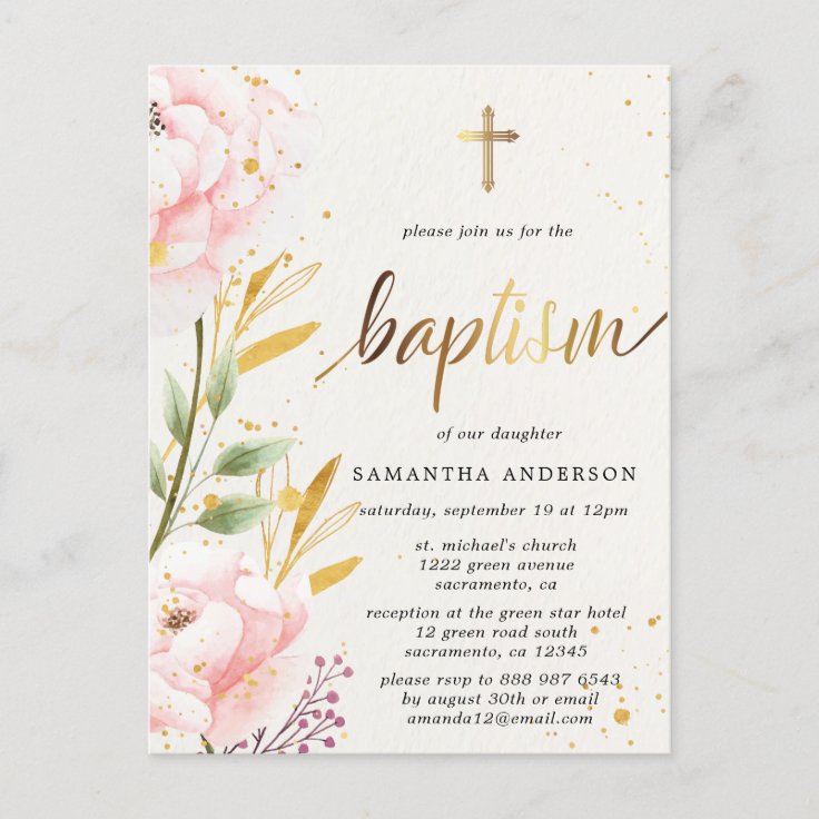 Floral Girl Baptism Invitation Postcard | Zazzle