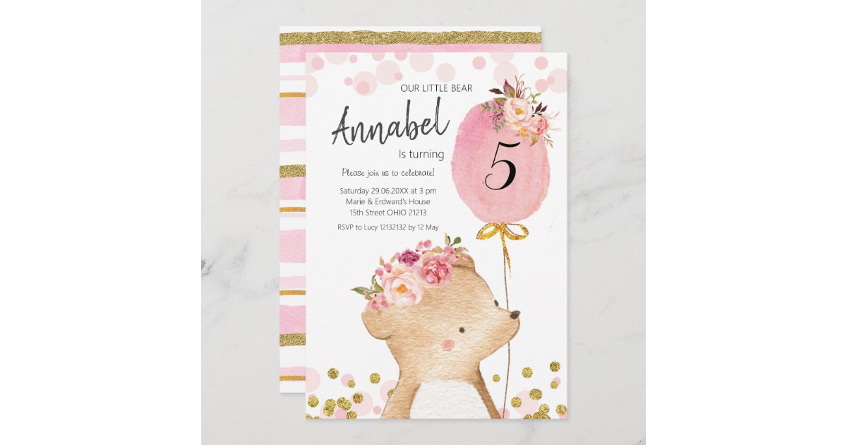 Floral Girl Bear Birthday Invitation | Zazzle