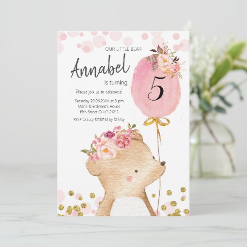 Floral Girl Bear Birthday Invitation | Zazzle