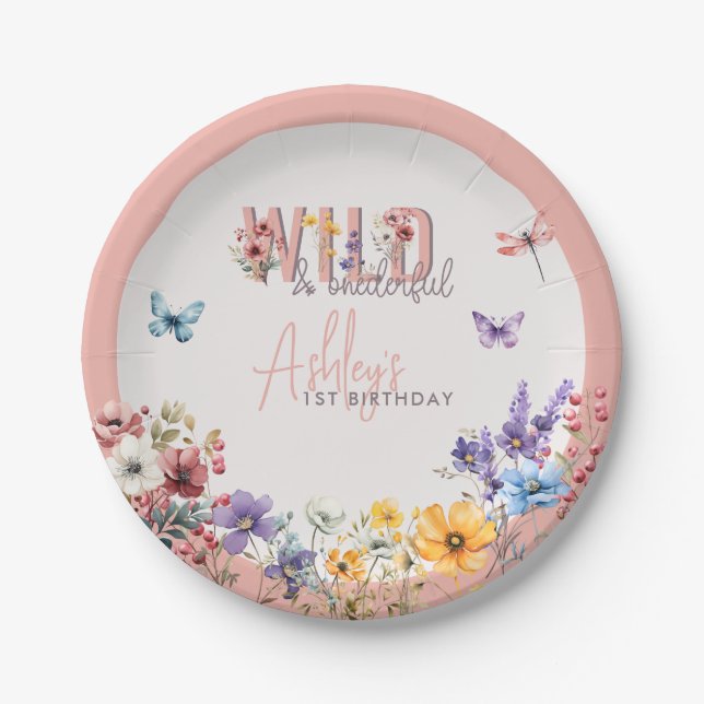 Floral Girl Birthday | Wild & Onederful  Paper Plates (Front)