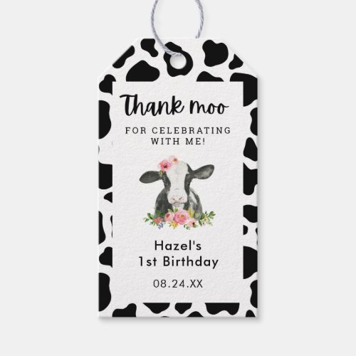 Floral Girl Cow Moo Thank You  Gift Tags