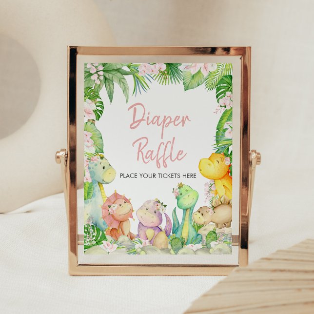 Floral Girl Dinosaur Baby Shower Diaper Raffle Poster (Greenery Dinosaur Baby Shower Diaper Raffle Sign)
