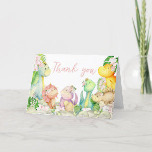 Floral Girl Dinosaur Baby Shower Thank You Card