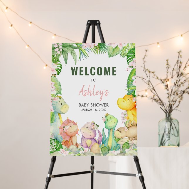 Floral Girl Dinosaur Baby Shower Welcome Sign (In Situ (Stand))