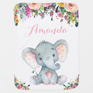 Floral Girl Elephant Baby Pink Baby Blanket