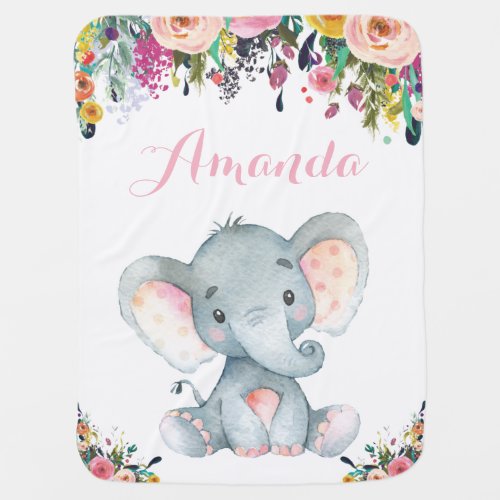 Floral Girl Elephant Baby Pink Baby Blanket