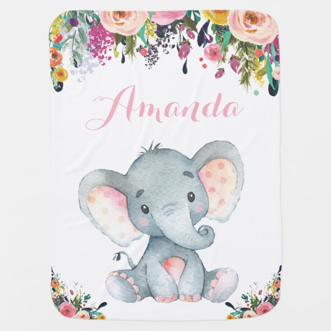 Floral Girl Elephant Baby Pink Baby Blanket (Front)