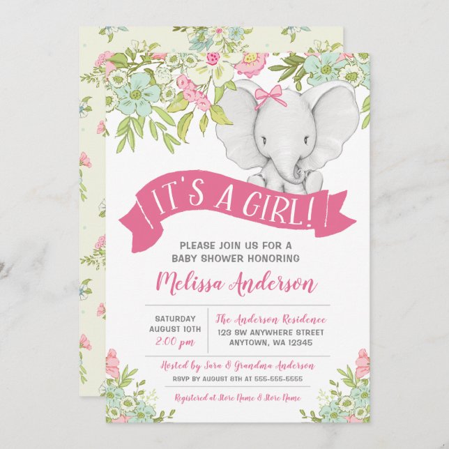 Floral Girl Elephant Baby Shower Invitations (Front/Back)