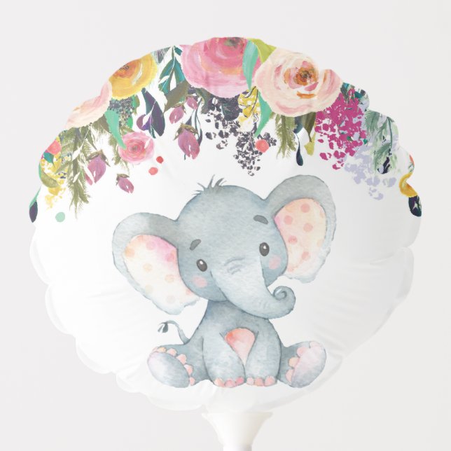 Floral Girl Elephant Baby Shower Pink and Gray Balloon (Front)