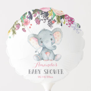Floral Girl Elephant Baby Shower Pink and Gray Balloon