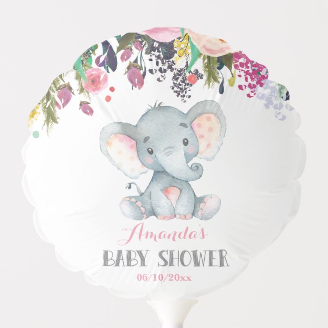 Floral Girl Elephant Baby Shower Pink and Gray Balloon (Front)