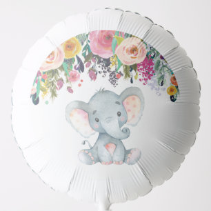 Floral Girl Elephant Baby Shower Pink and Gray Balloon