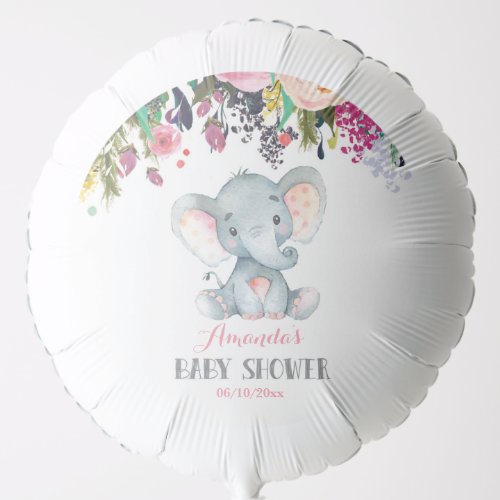 Floral Girl Elephant Baby Shower Pink and Gray Balloon