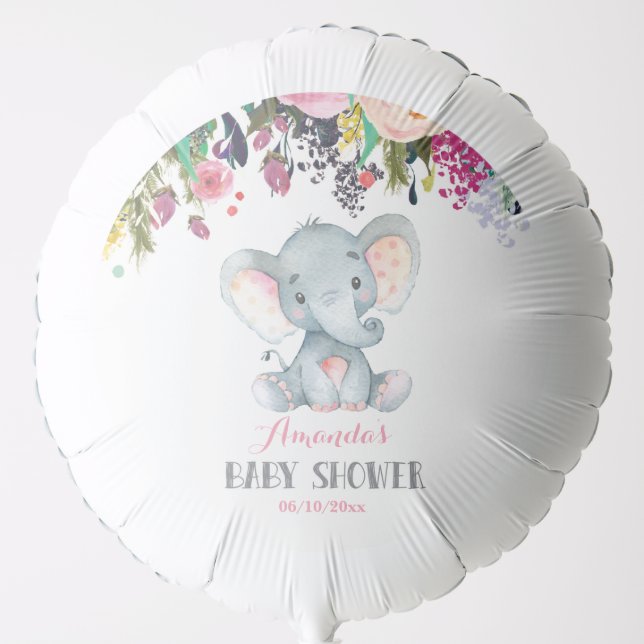 Floral Girl Elephant Baby Shower Pink and Gray Balloon (Front)