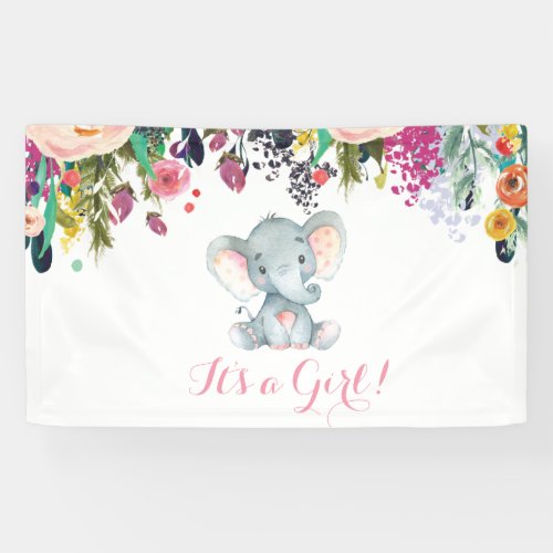 Floral Girl Elephant Baby Shower Pink and Gray Banner