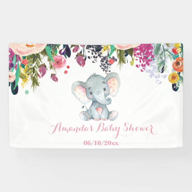 Floral Girl Elephant Baby Shower Pink and Gray Banner (Horizontal)
