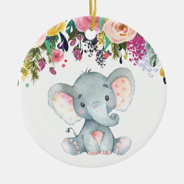 Floral Girl Elephant Baby Shower Pink and Gray Ceramic Ornament (Front)