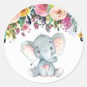 Floral Girl Elephant Baby Shower Pink and Gray Classic Round Sticker