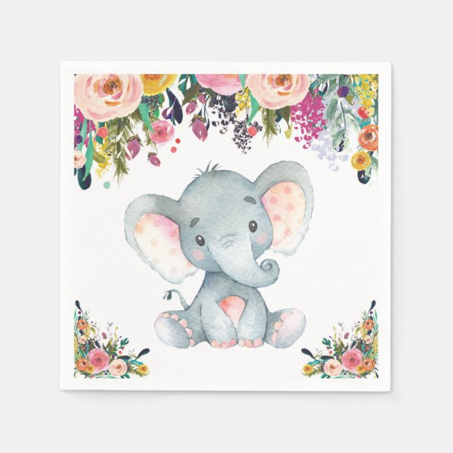 Floral Girl Elephant Baby Shower Pink Napkins (Front)
