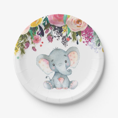 Floral Girl Elephant Baby Shower Pink Paper Plate