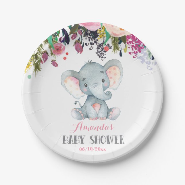 Floral Girl Elephant Baby Shower Pink Paper Plates (Front)
