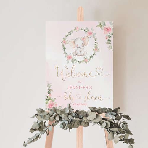 Floral girl elephant baby shower welcome foam board