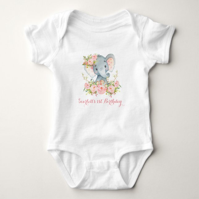 Floral Girl Elephant Bodysuit 1st Birthday Party (Front)