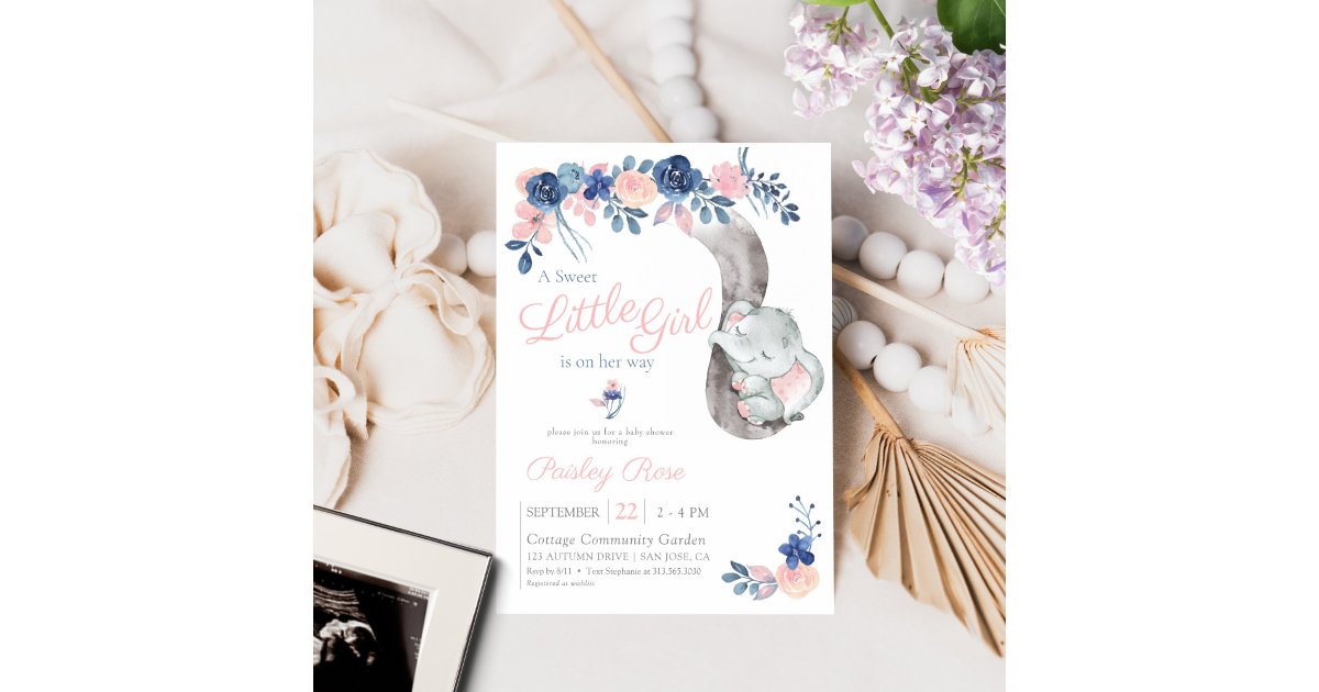 Floral Girl Elephant Navy Blush Baby Shower Invitation | Zazzle