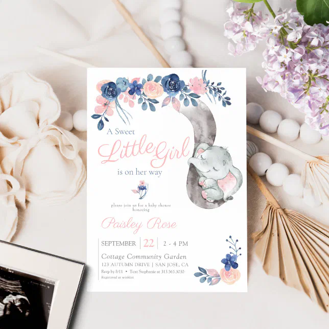Floral Girl Elephant Navy Blush Baby Shower Invitation | Zazzle