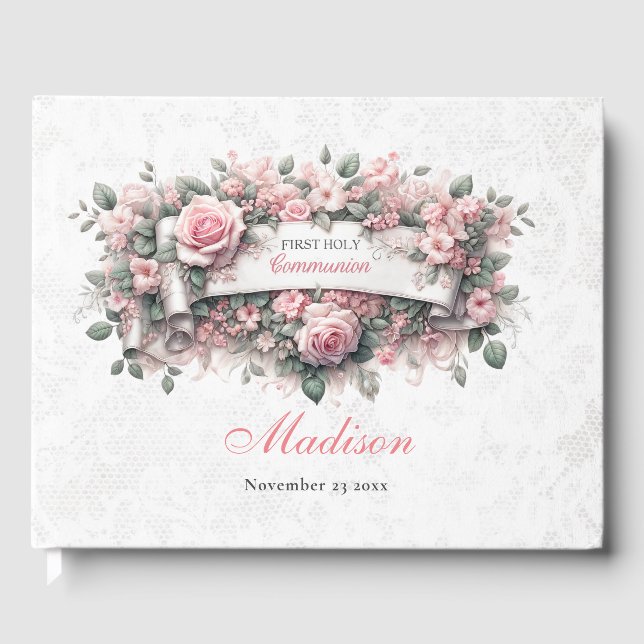 Floral Girl First Holly Communion Guest Book (Front)