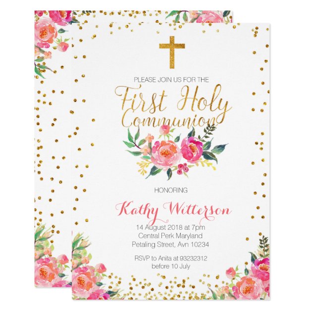 Floral Girl First Holy Communion Invitation