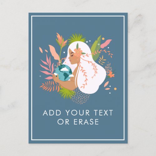 Floral Girl Holding Earth Dusty Blue Planet Nature Holiday Postcard