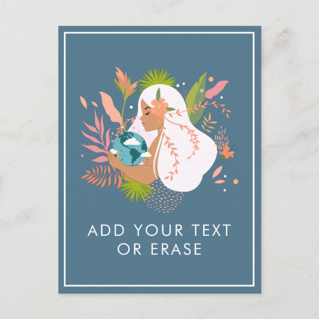 Floral Girl Holding Earth Dusty Blue Planet Nature Holiday Postcard (Front)