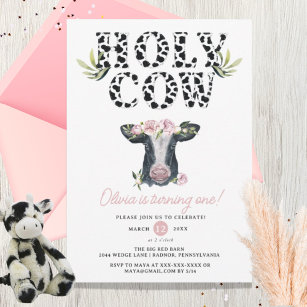 Floral Girl Holy Cow First Birthday  Invitation