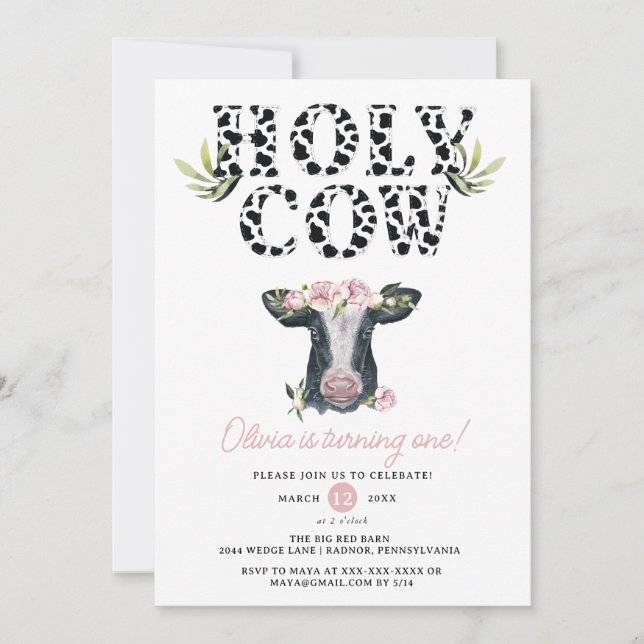 Floral Girl Holy Cow First Birthday Invitation