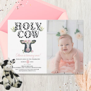 Floral Girl Holy Cow First Birthday photo Invitation