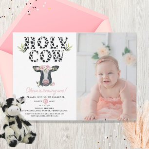 Floral Girl Holy Cow First Birthday photo Invitation