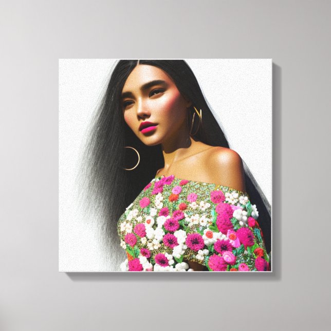 Floral Girl Illustration 3D Art Canvas Print (Front)