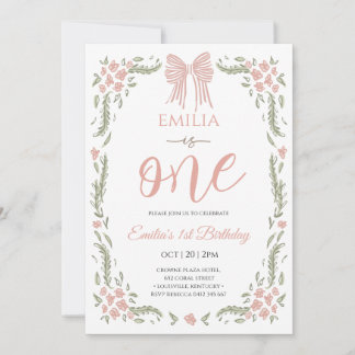 Floral girl one birthday  invitation